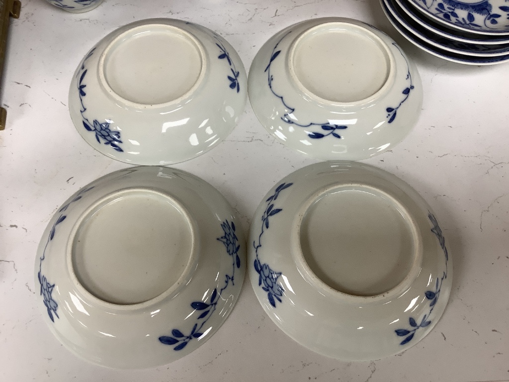 Five Chinese blue and white 'birds' tea bowls and four saucers and three 'chicken' tea bowls and four saucers (16)